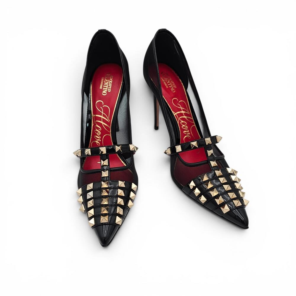 Valentino Garavani Rockstud Alcove Black Patent Leather Mesh Pump Heel Size 39 9